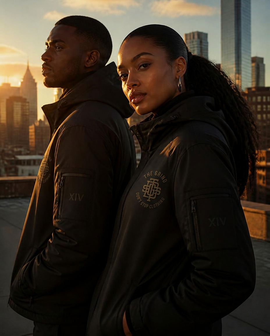 Two models in TGDS black outerwear on a downtown rooftop at golden hour